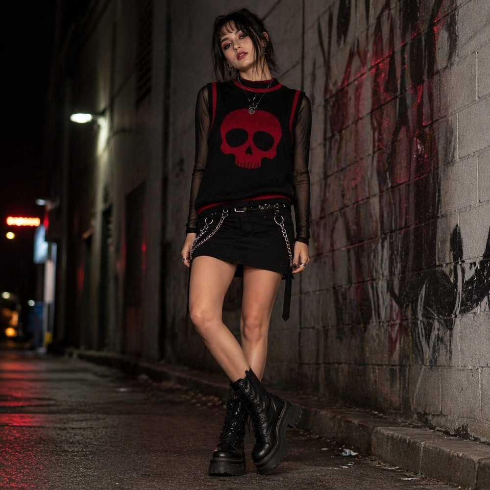 Hot Topic Womens Skull Sweater Vest M Black Red Gothic Punk Emo Y2K Grunge Alt
